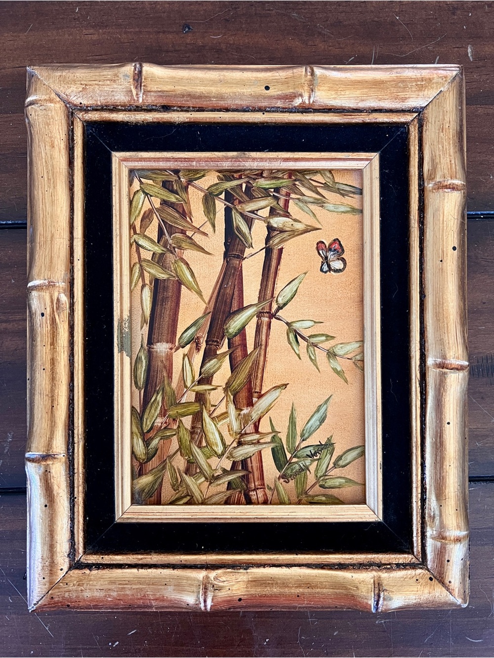 Original Framed Bamboo Signed Artwork Wall Art Painting 5x7 Vintage Botanical - Picture 2 of 7